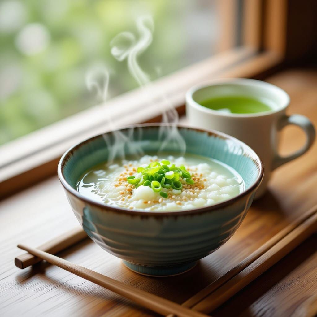 Congee and Matcha: A Minimalist Breakfast Scene