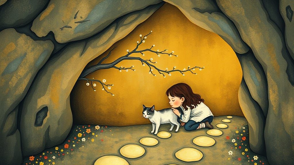 Girl and Cat Nap in Grotto, Klimt Style Children's Illustrat...