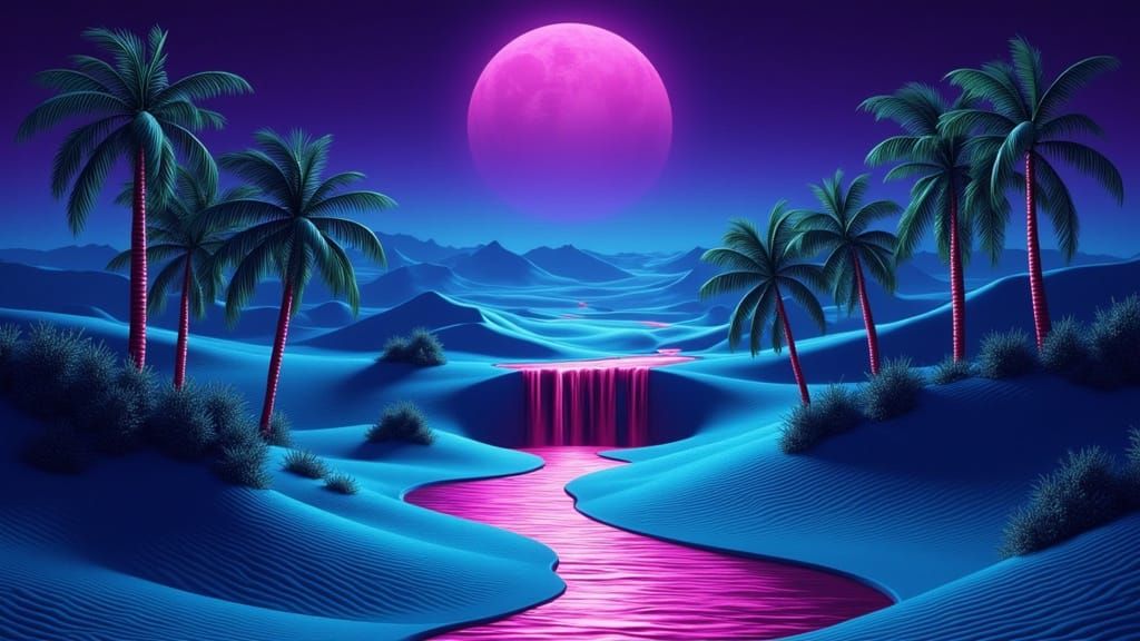 Turquoise Desert Landscape with Red Waterfall