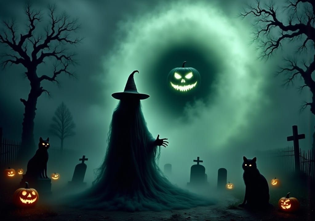 Halloween Witch Casting Spell in Cemetery