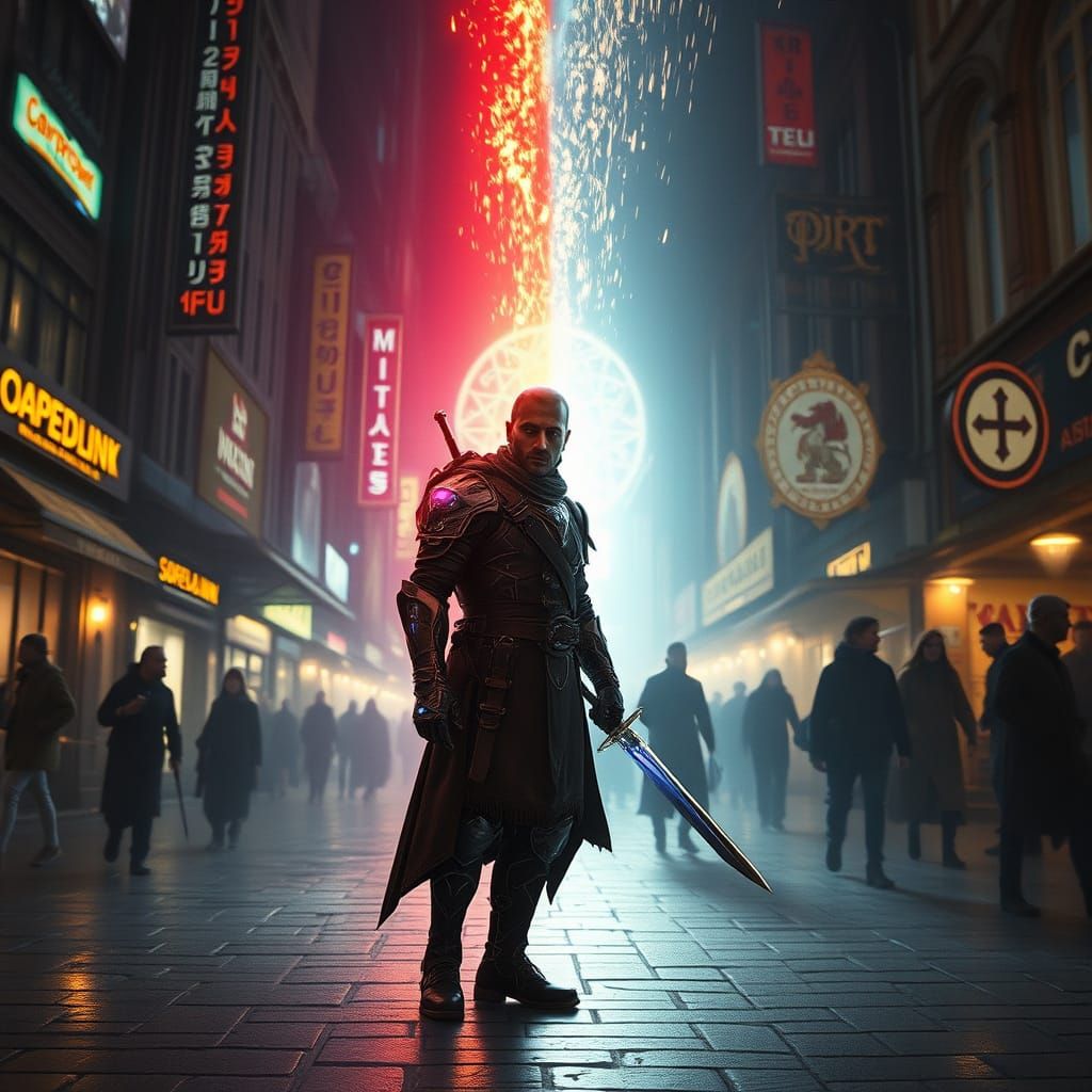 Traveler Between Cyberpunk City and Medieval Market