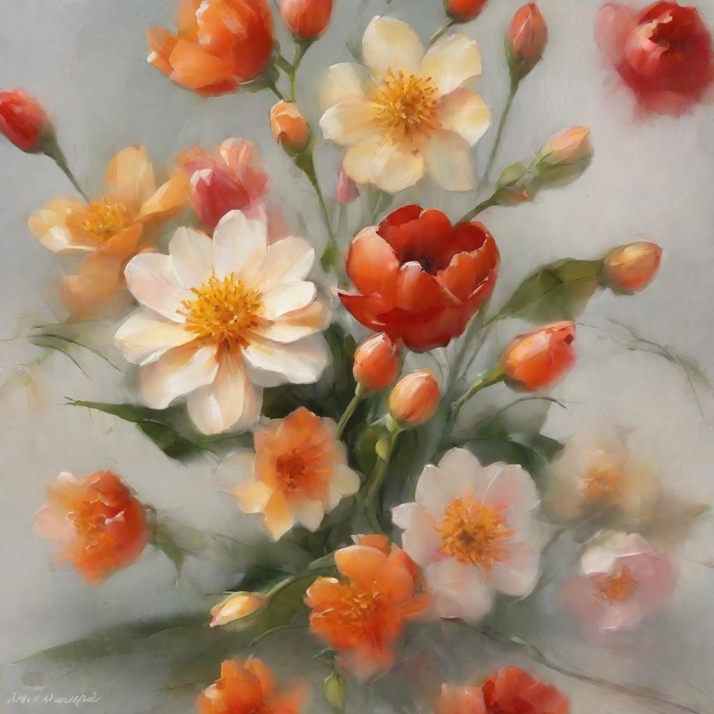 Fiery Floral Dance with Bluebird and Pearls