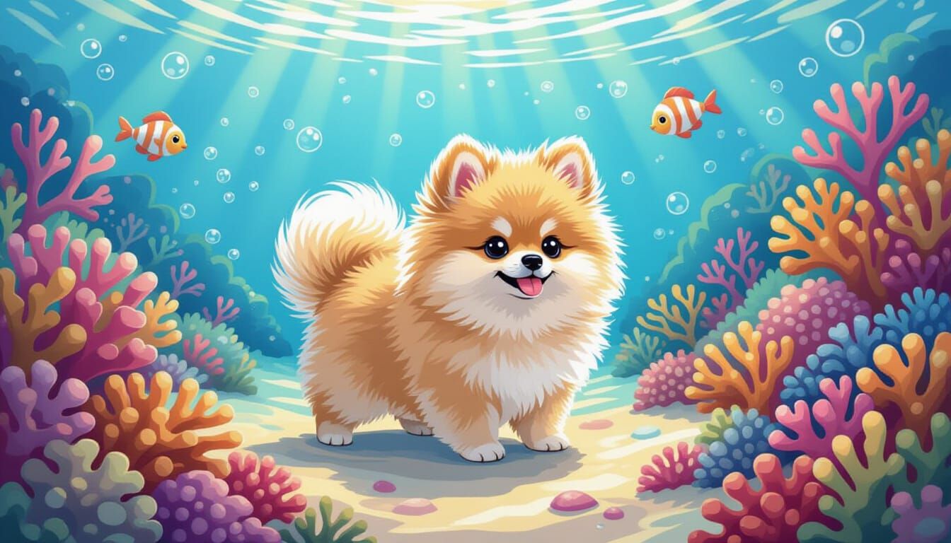 Pomeranian Puppy in Underwater Kingdom, Children's Illustrat...