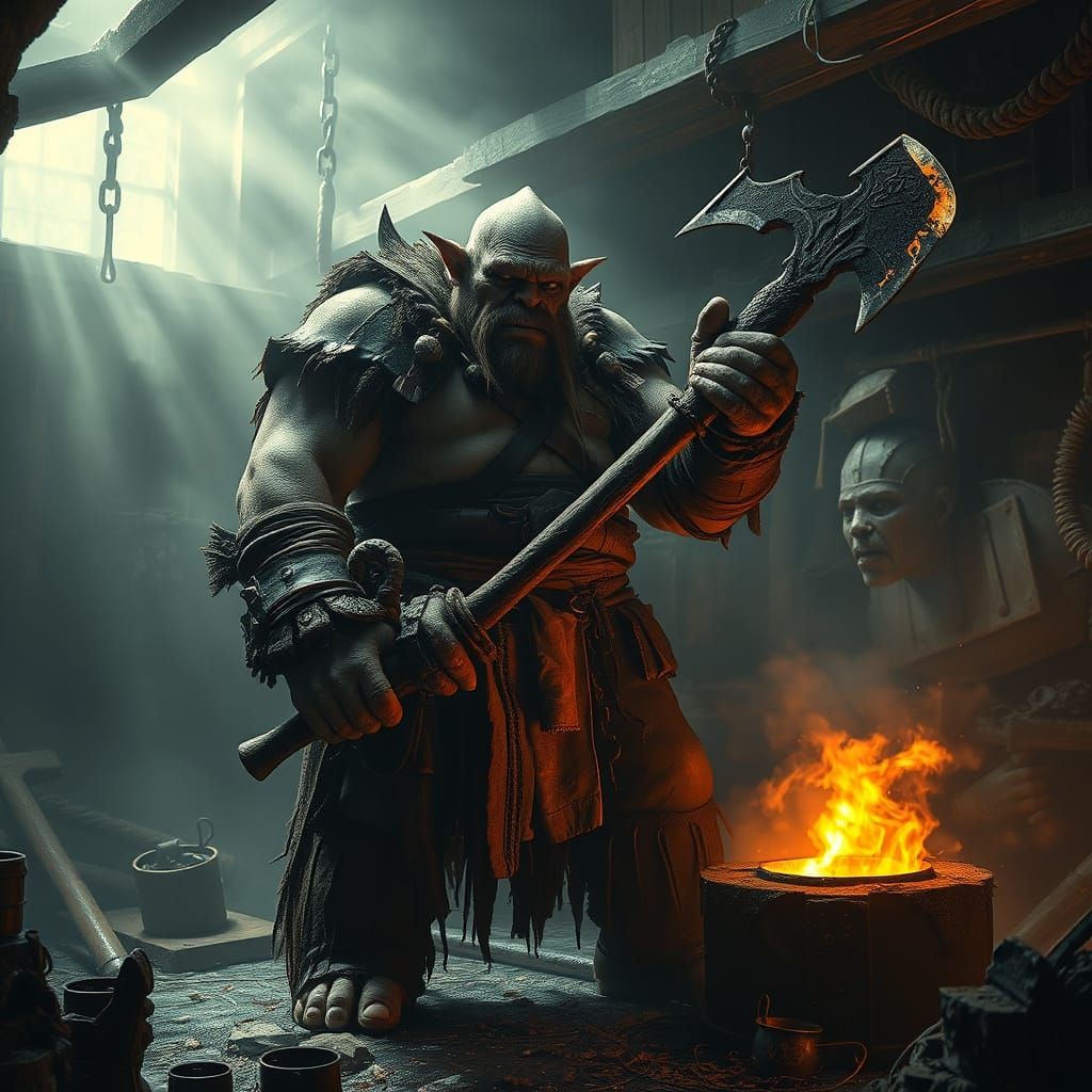 Ogre Bladesmith Forging Battle-Axe in Filthy Barracks