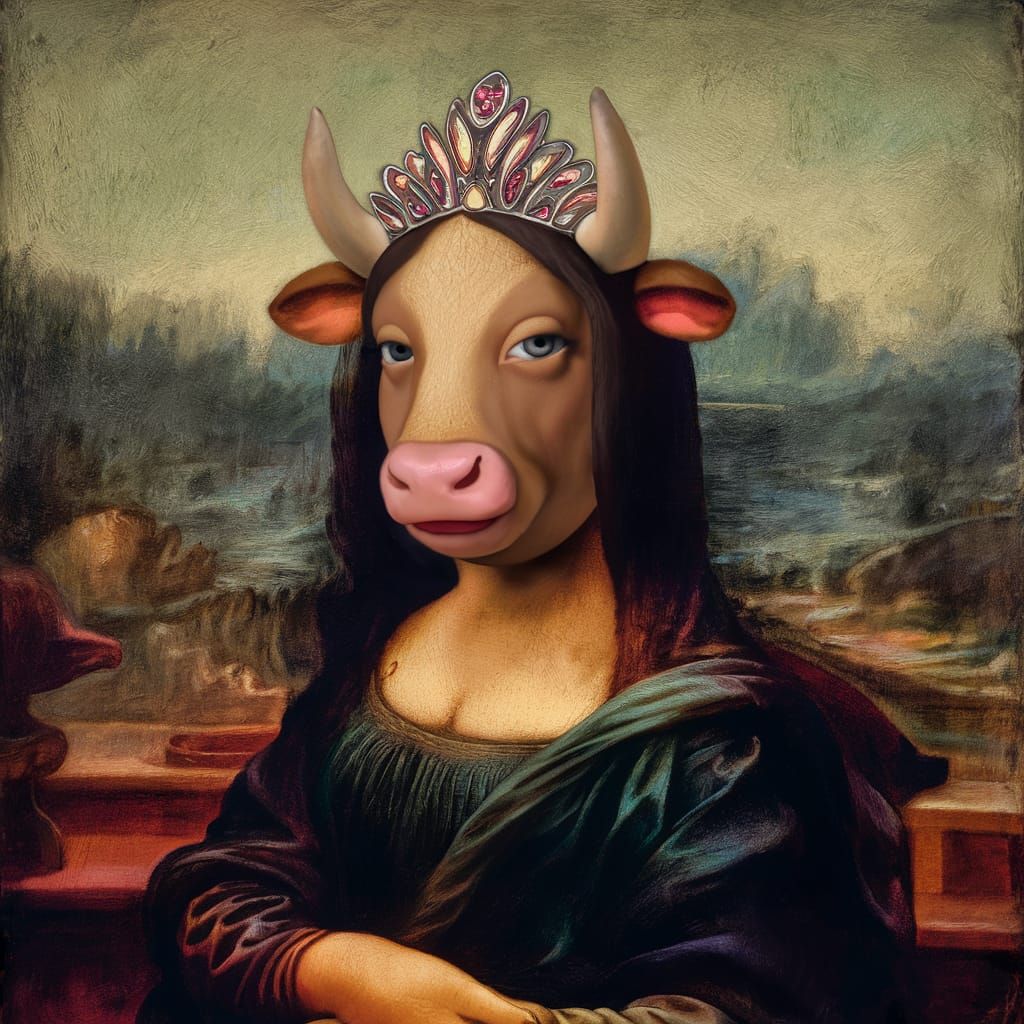 Mona Lisa Reimagined as Anthropomorphic Cow in Surreal Art
