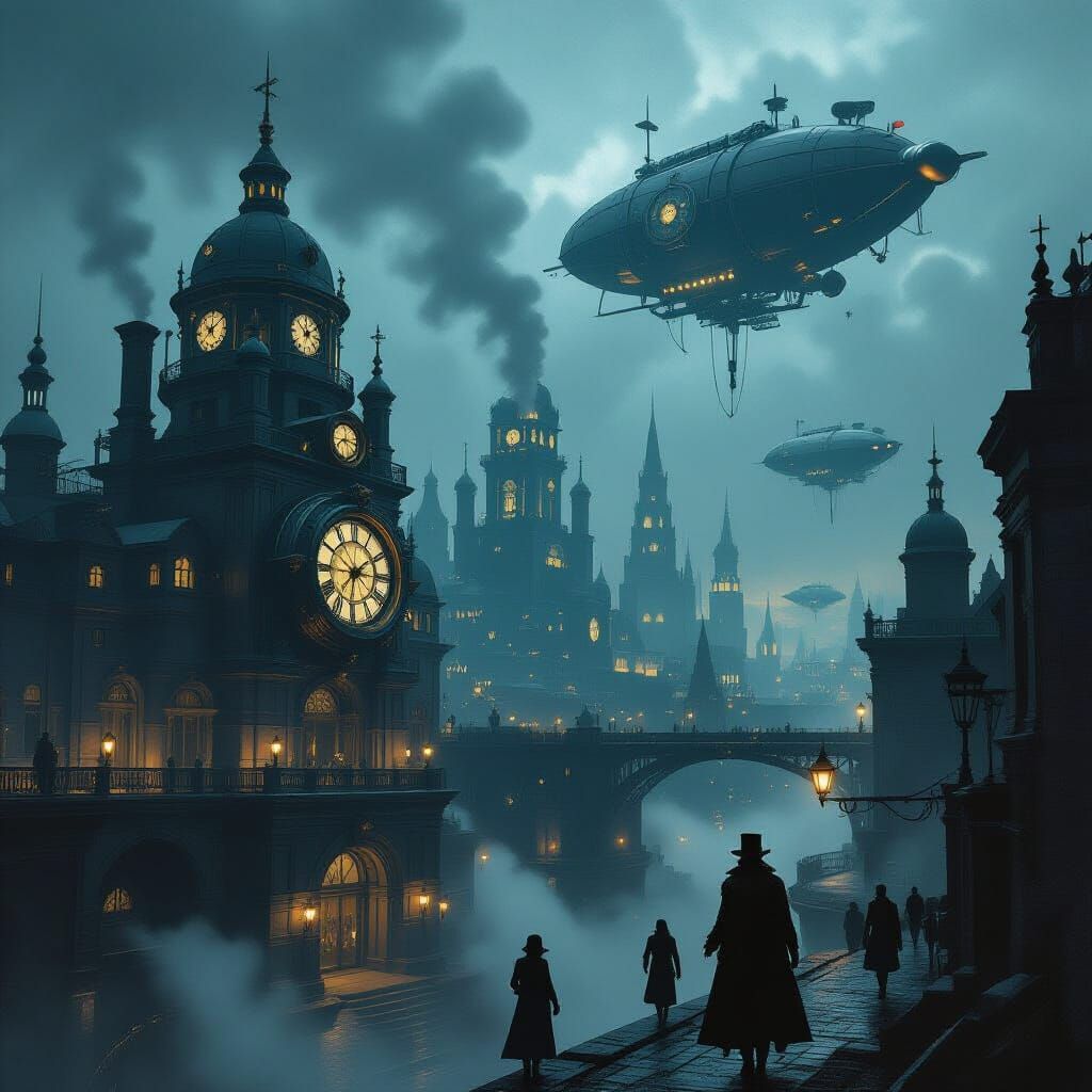 Steampunk Dystopian City with Cybernetic Victorians