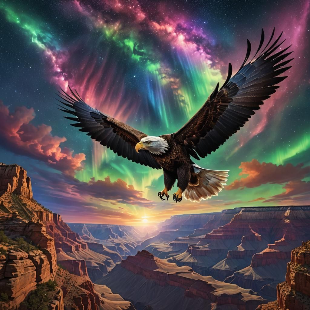 Eagle Soaring Through Aurora Borealis Over Grand Canyon