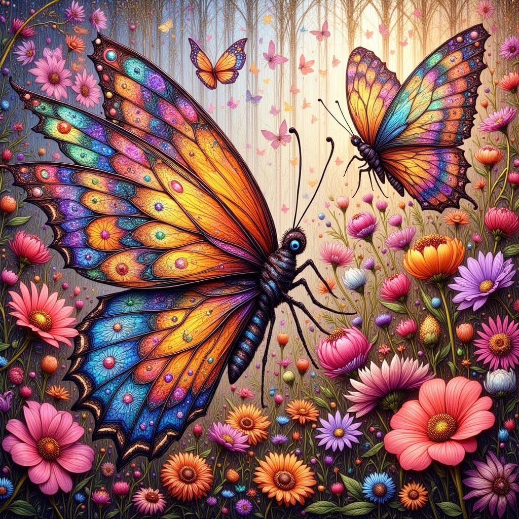 Surreal Butterflies in a Vibrant Floral Wonderland