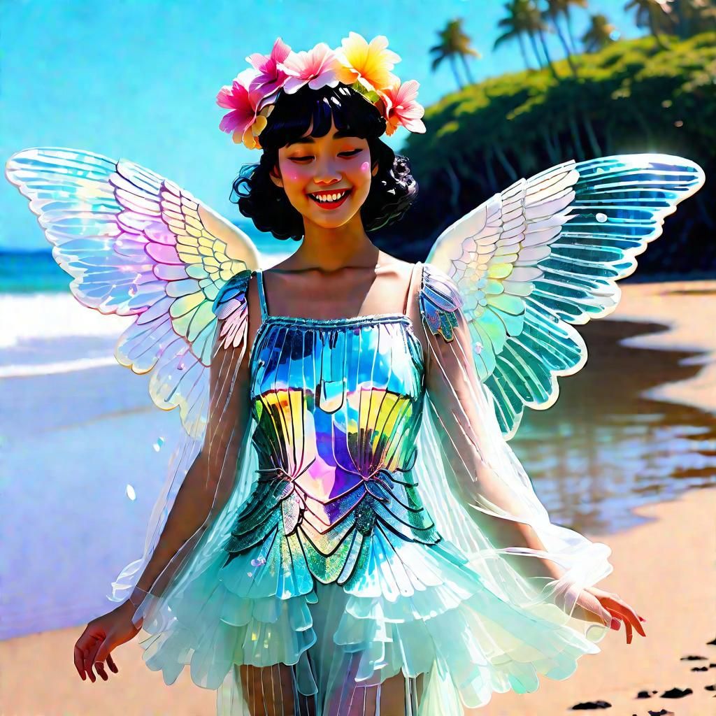 Art Deco Hawaiian Angel on Tropical Beach