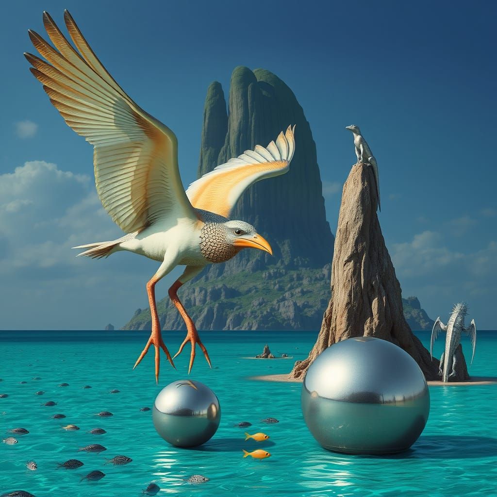 Iridescent Bird Gliding Above Turquoise Water