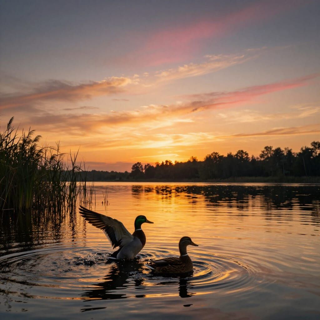 Sunset Serenity: Ducks Landing on Calm Lake
