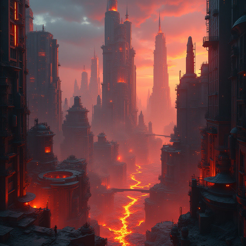 Cyberpunk Lava City with Neon Lights