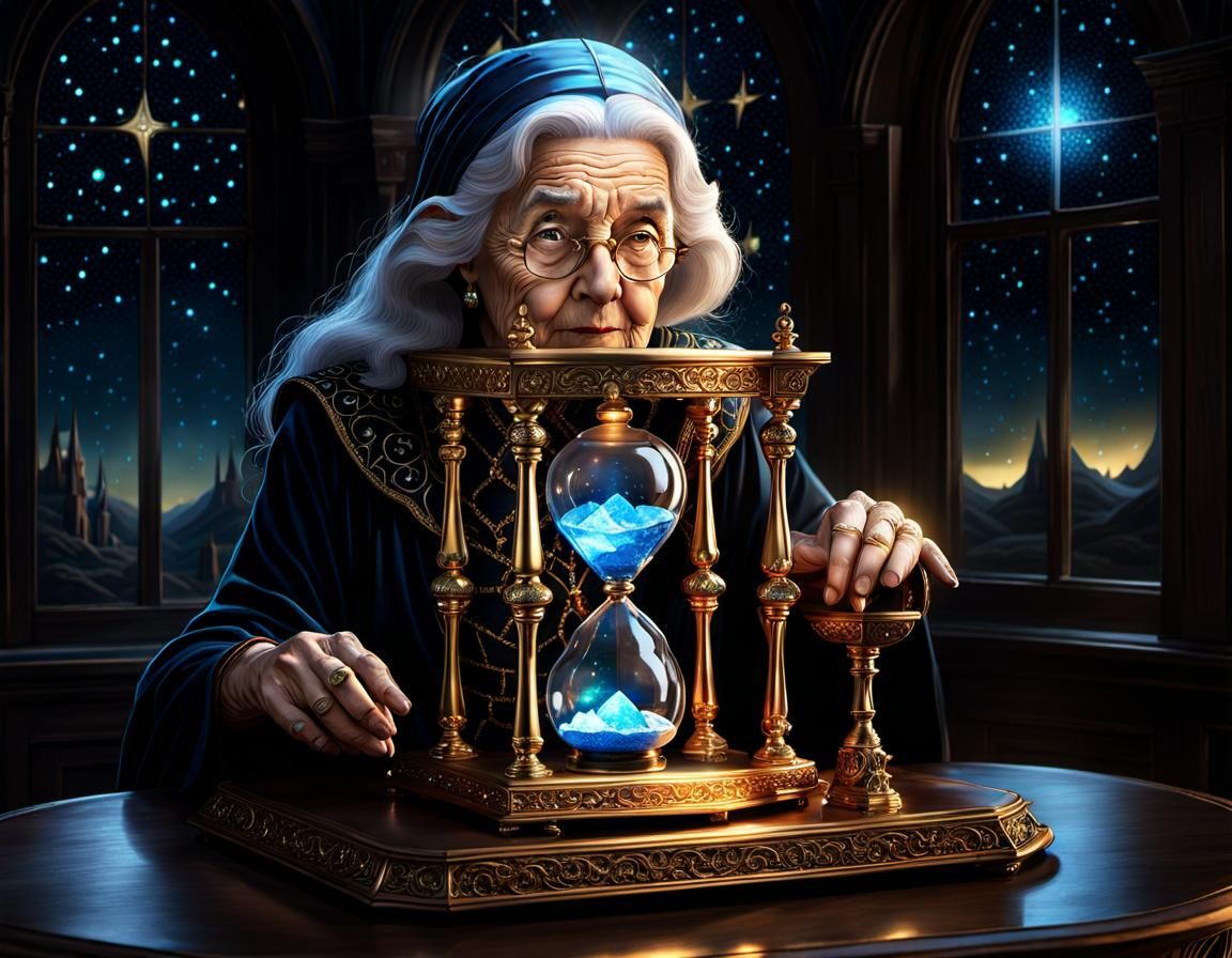Magical Hourglass: Old Witch in Starry Night