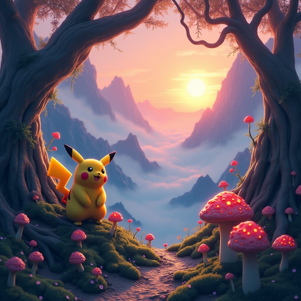 Pikachu in Mystical Glowing Mushroom Landscape