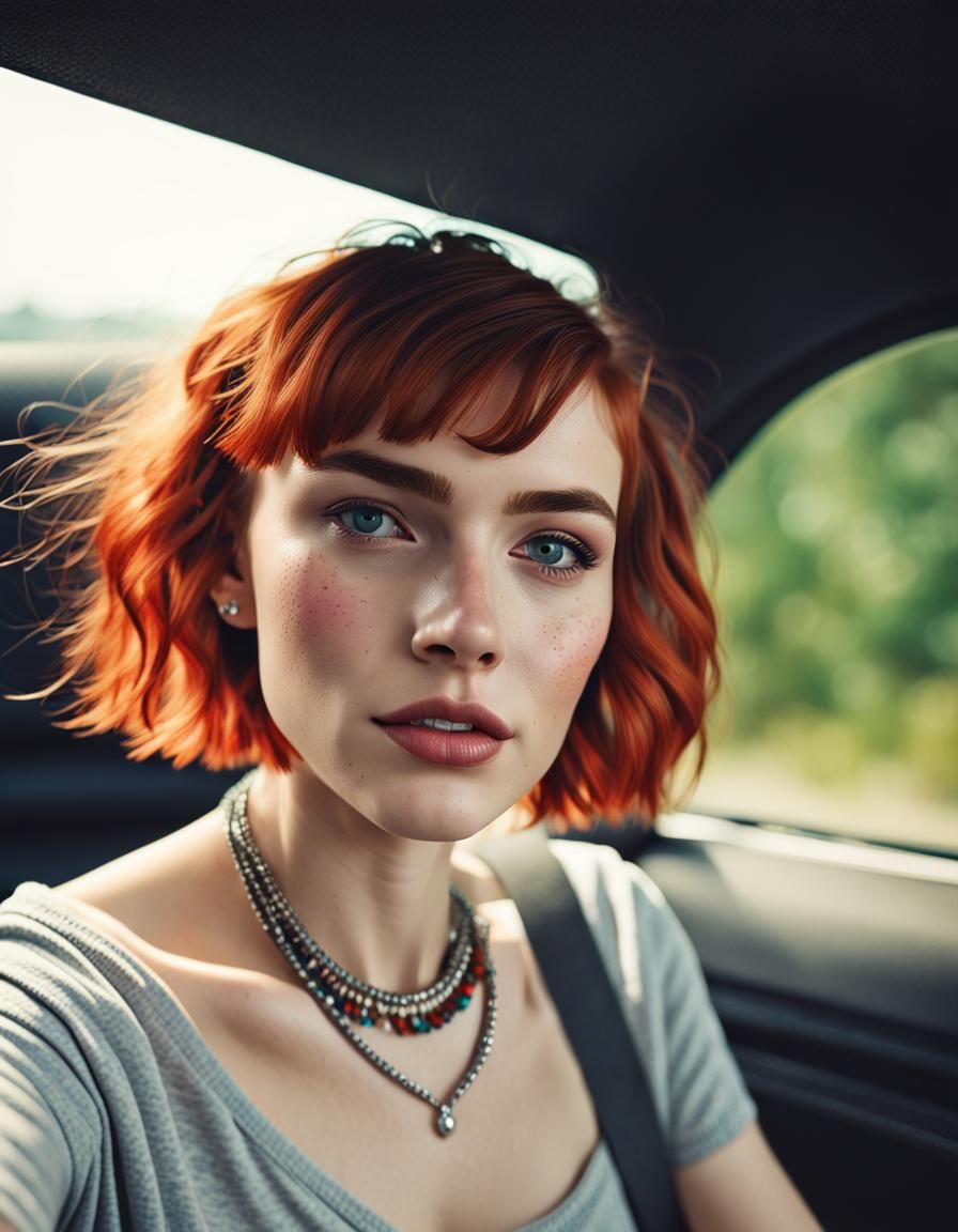 Photorealistic Selfie of a Girl Driving a Car