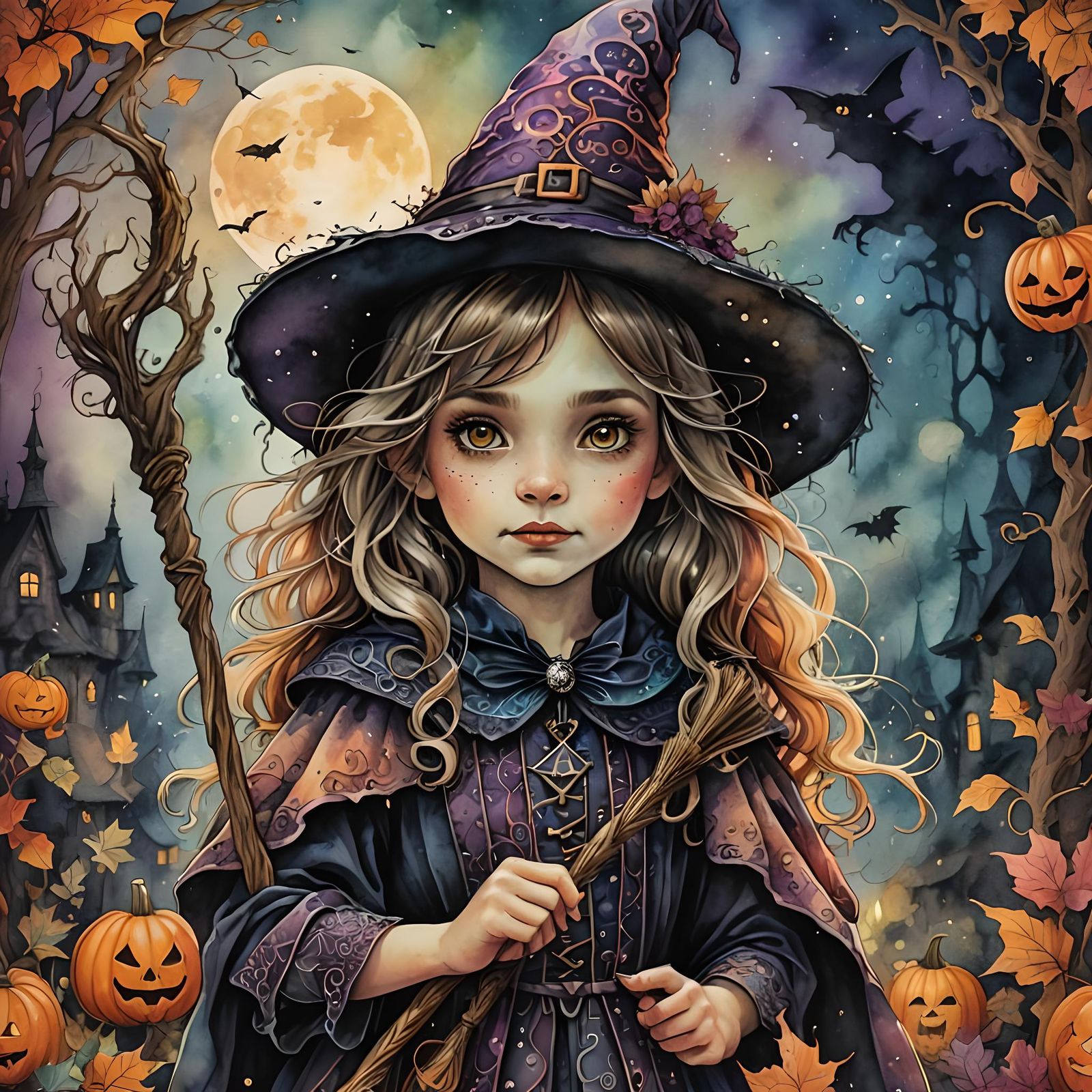 Halloween Witch Girl: Detailed Watercolor Illustration