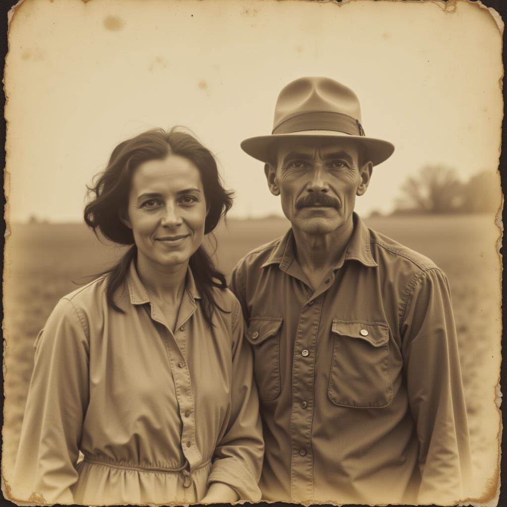 Faded Sepia Photograph of Dustbowl Farmers