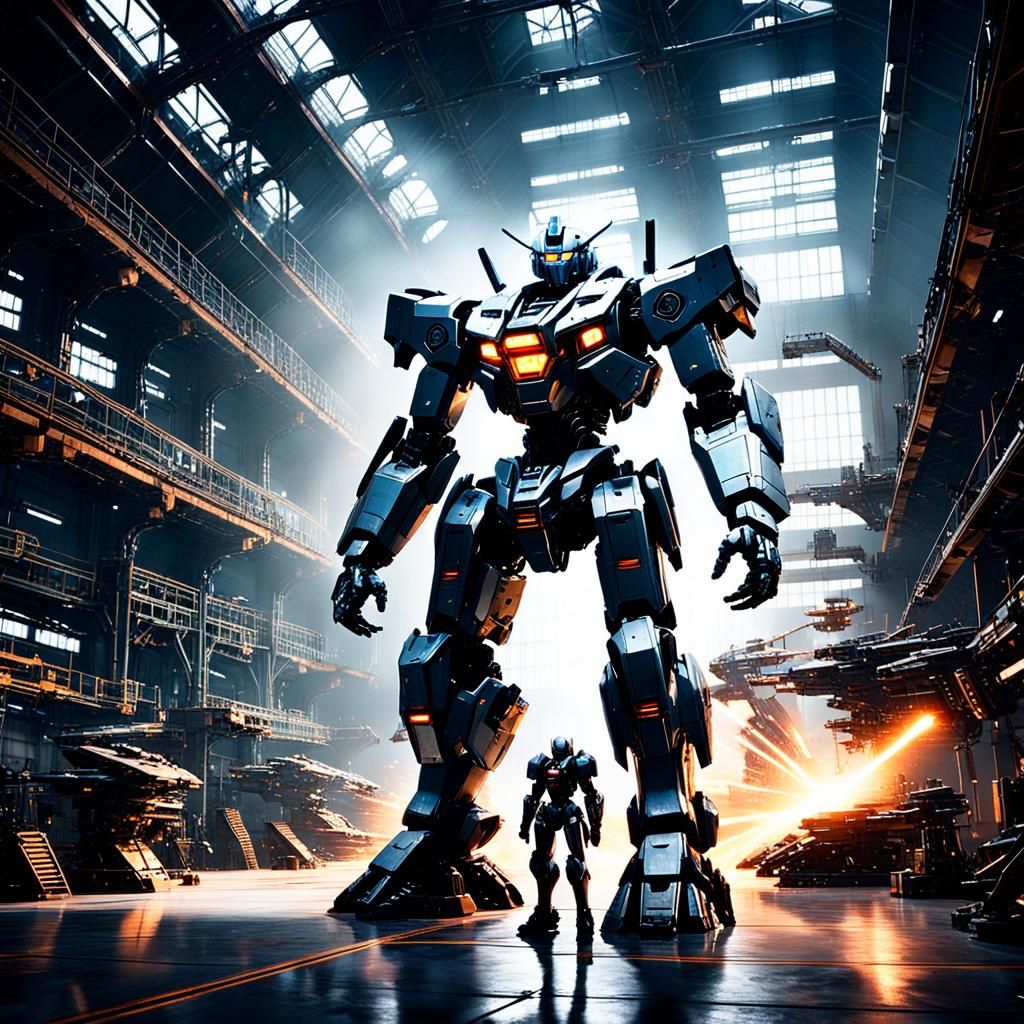 Towering Mecha Prepped for Battle in Hangar