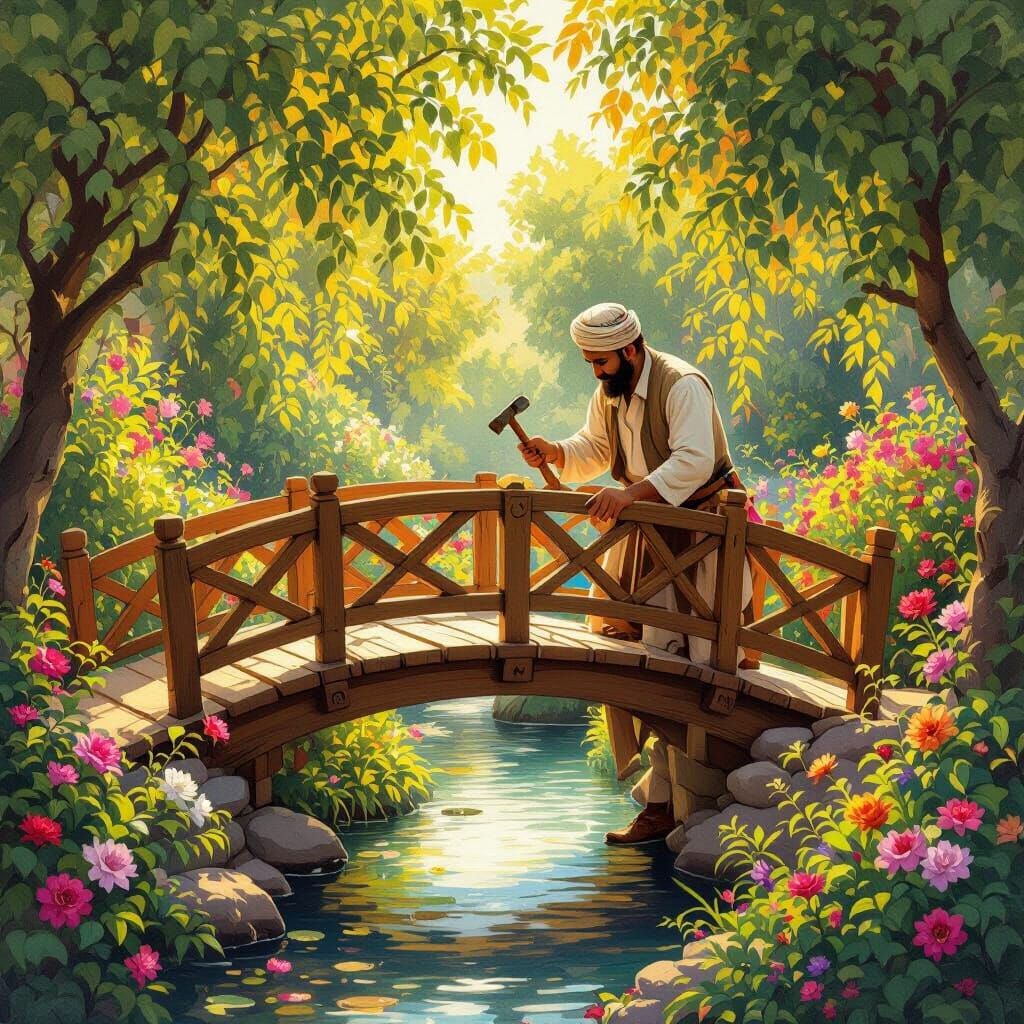 Arab Carpenter Builds Bridge Between Gardens in Miniature St...