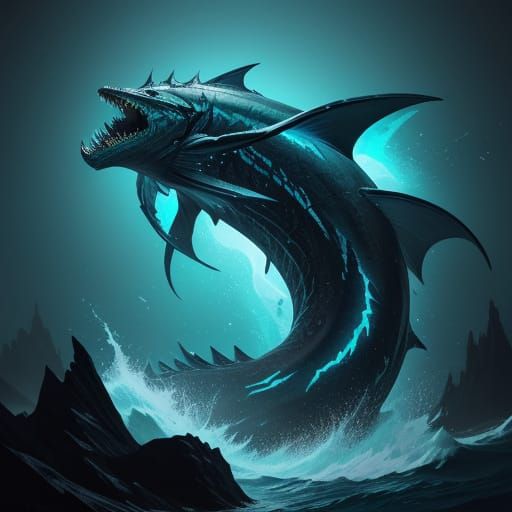 Majestic Abyssal Sea Serpent in Vibrant, Darkened Splendor