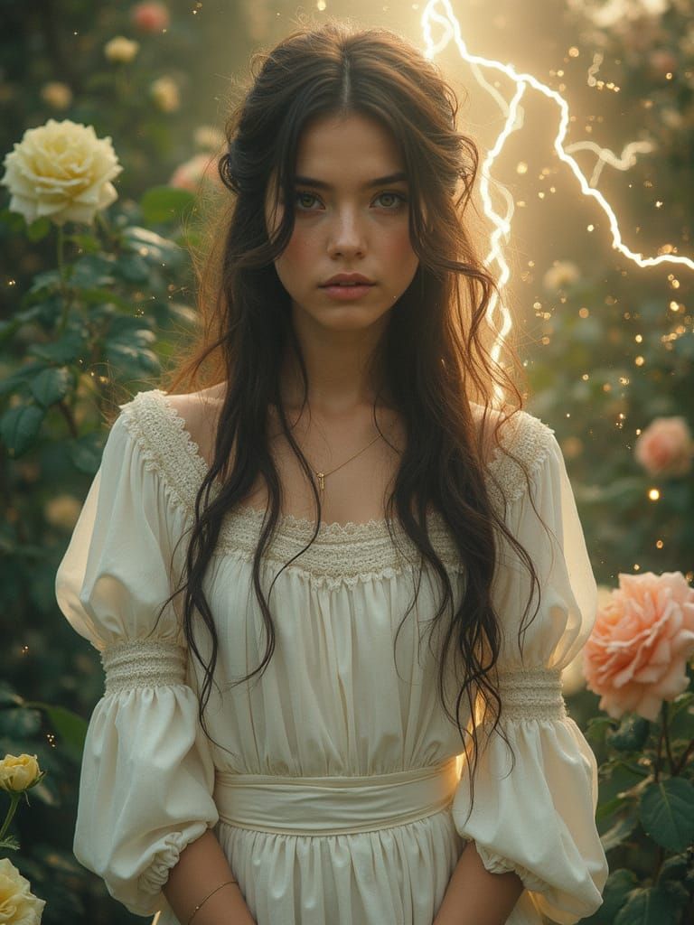 Medieval Goddess Emerges from Lightning in Vibrant Colors