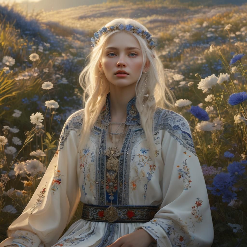 Slavic Woman in Floral Outfit: 3D Digital Art