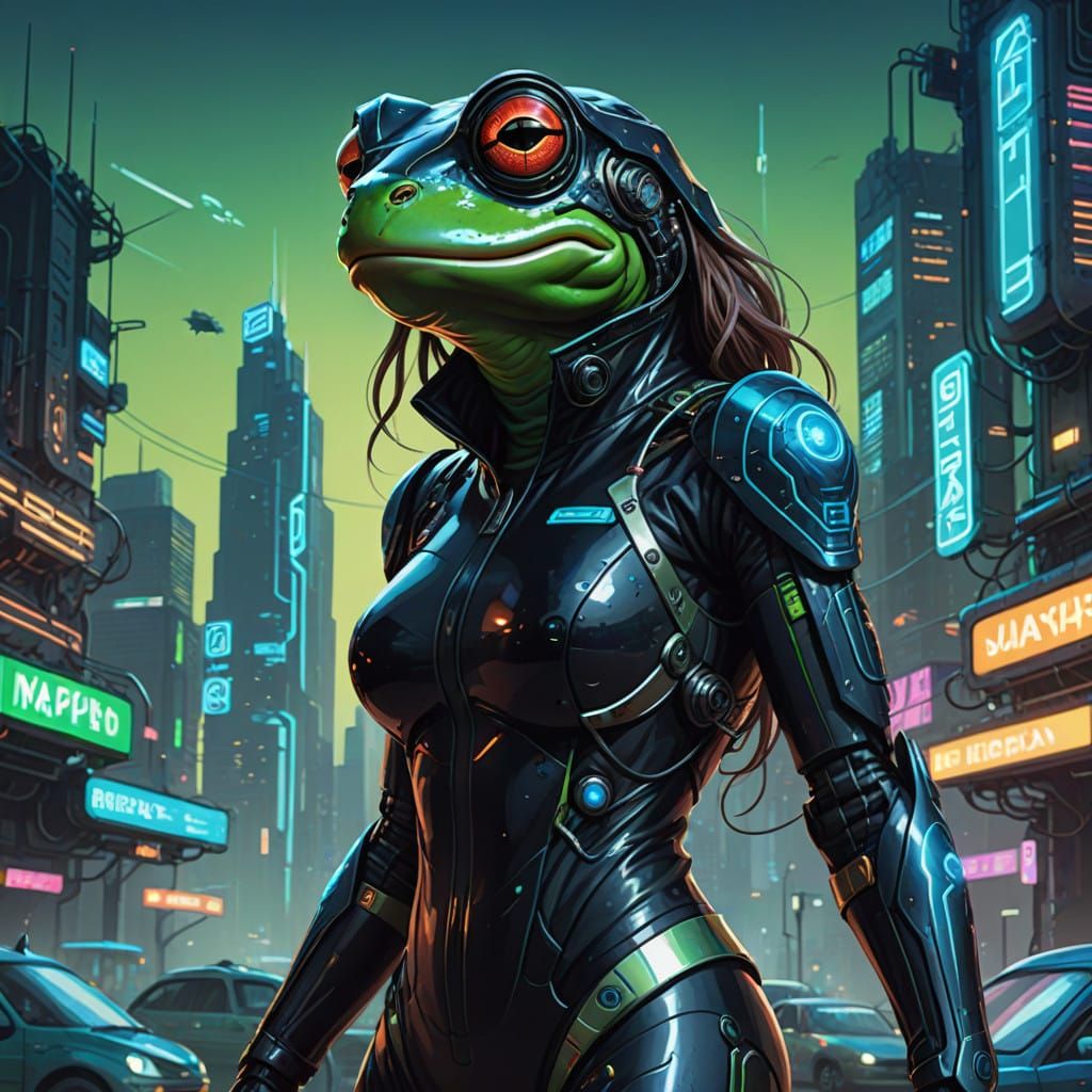 Cyberpunk Frog Warrior in Futuristic City