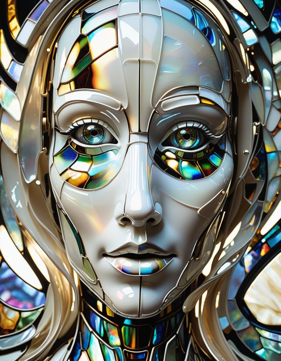 Iridescent Robot Face Stained Glass Artwork