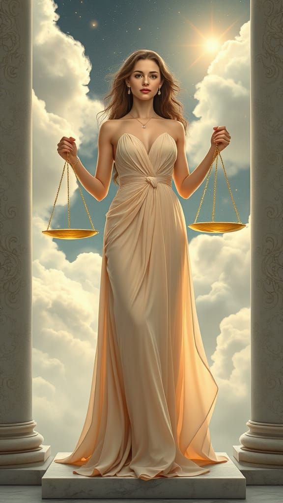 Ethereal Libra Goddess with Celestial Scales in Soft Gold an...