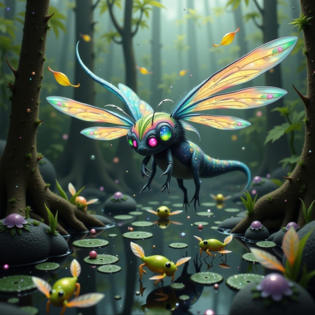 Whimsical Alligator-Dragonfly Hybrid Flying Over Swamp