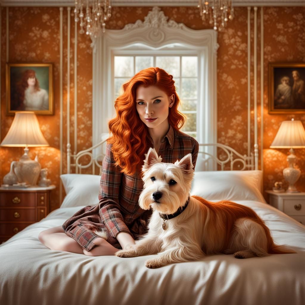 Ginger Girl and Westie Portrait in Hyperrealism Style