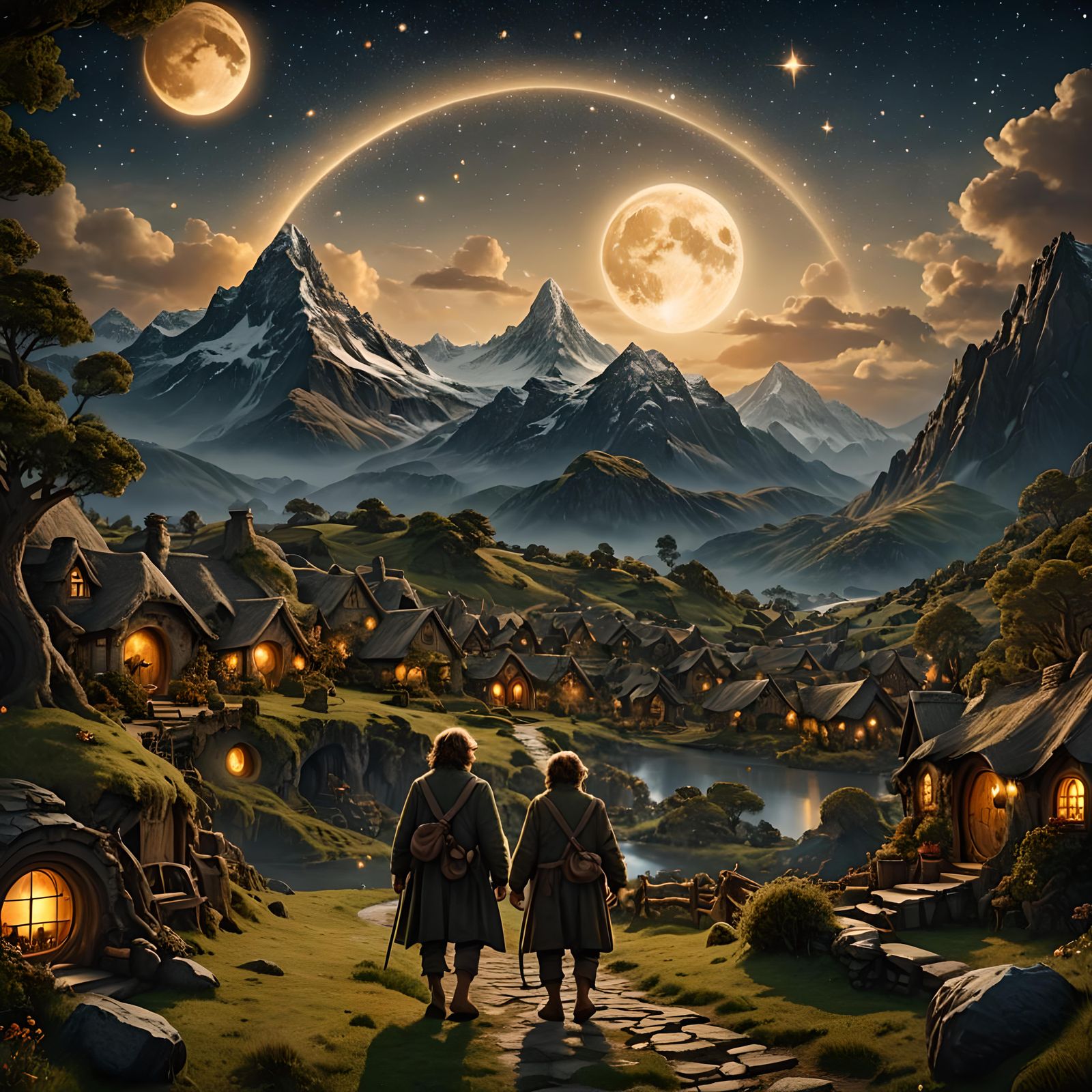 Hobbit Under Golden Moon in Digital Painting
