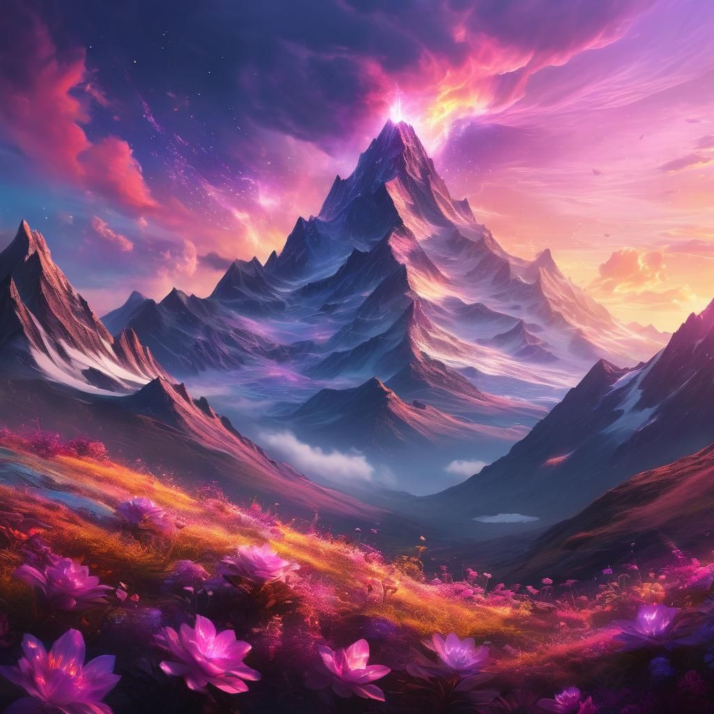 Cosmic Mountain Peak at Sunset: Visionary Art