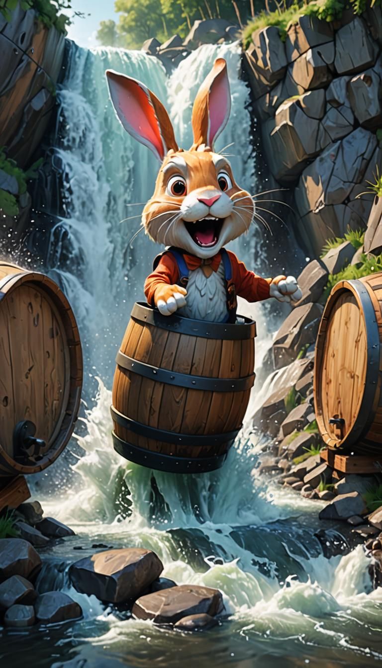 Scared Rabbit Plunging Over Waterfall in Barrel