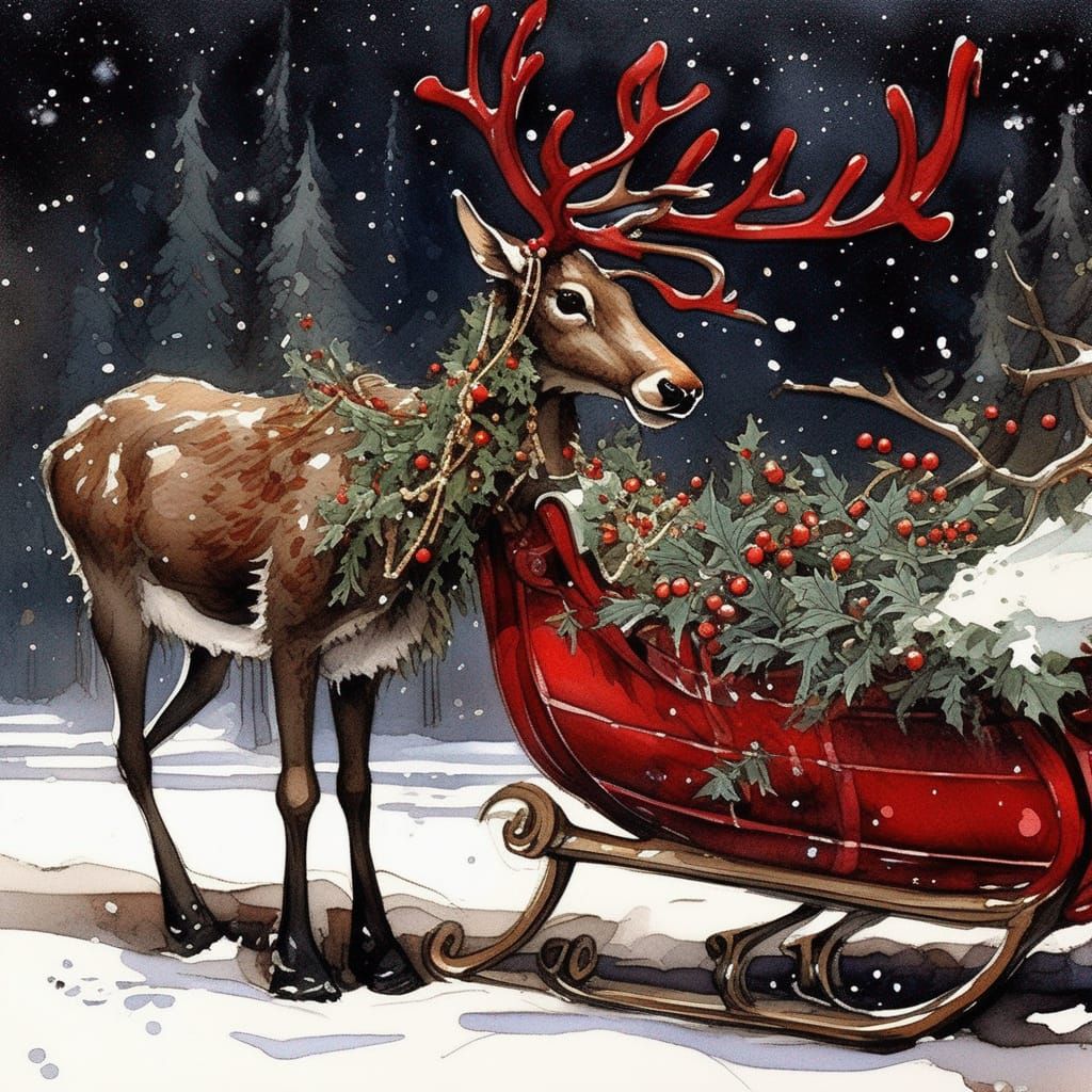 Yuletide Reindeer in Art Deco Watercolor Style