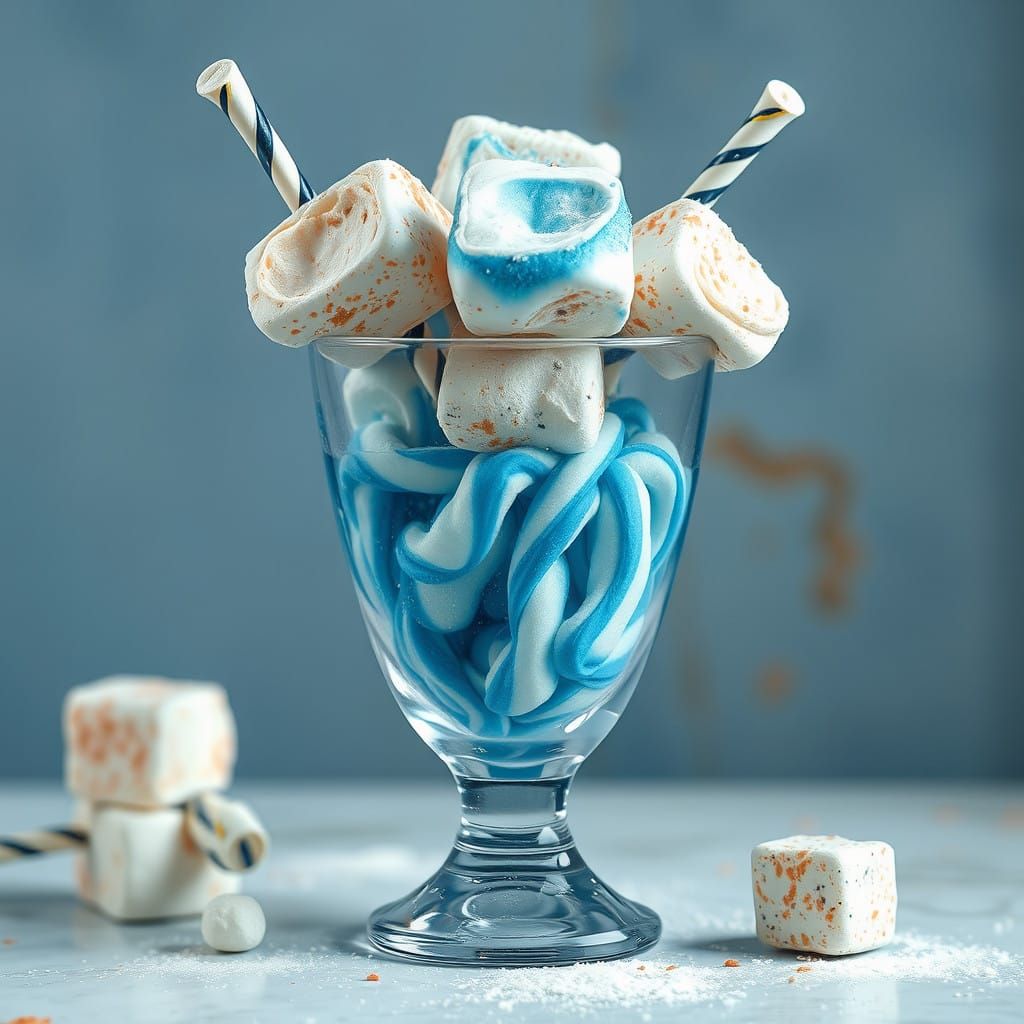 Blue and white twisted mallows in a sundae glass