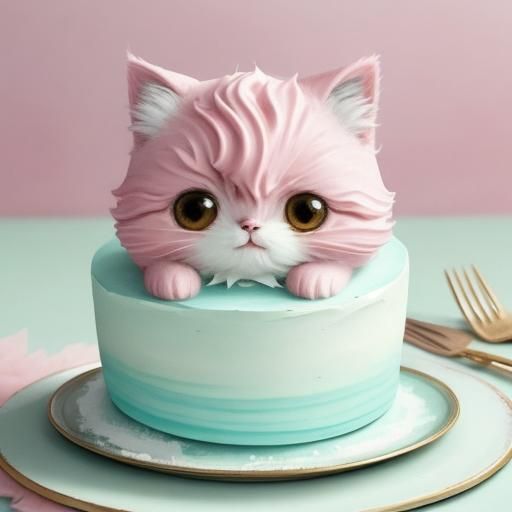 Cute Kitten Eating Cake in Watercolor Anime Style