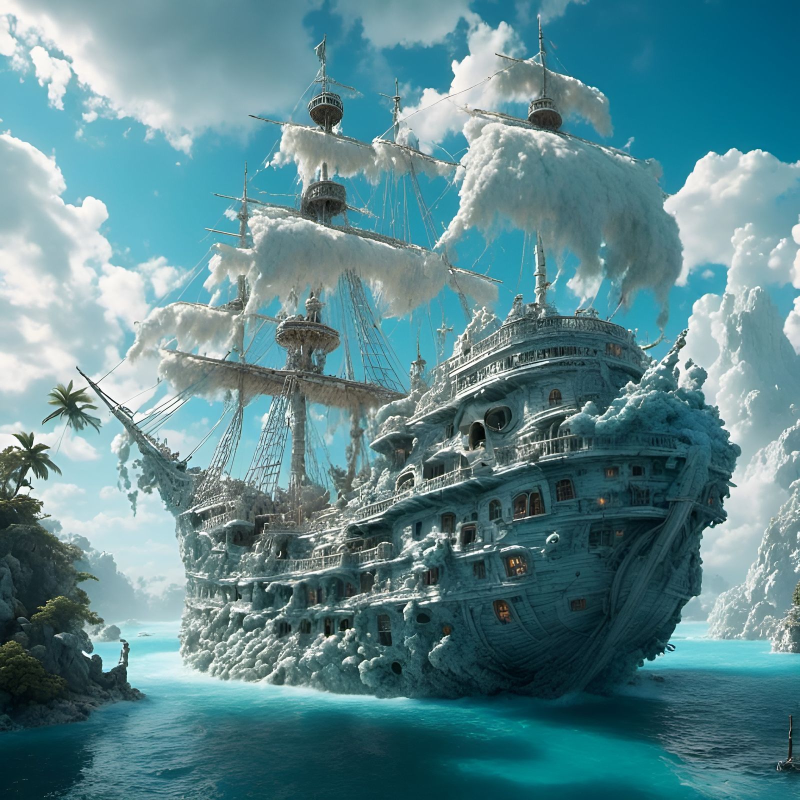 Pastel Monster Skull Pirate Ship in Photorealistic Style