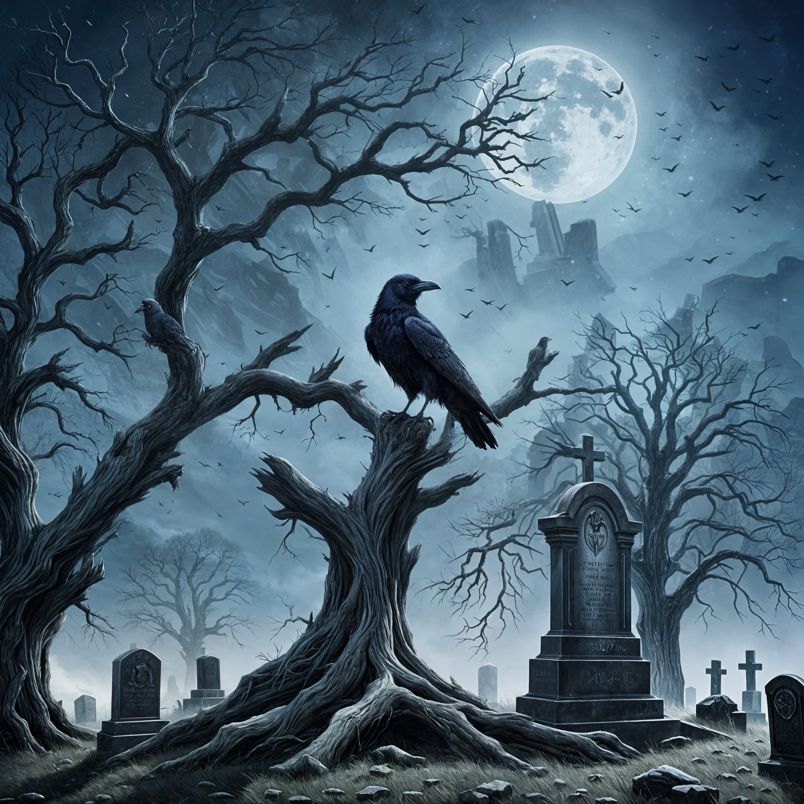 Raven on Branch Overlooking Gravestone