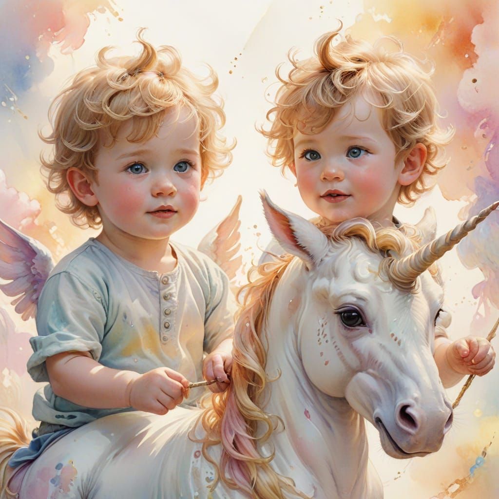 Twin Babies Ride Unicorn in Whimsical Watercolor