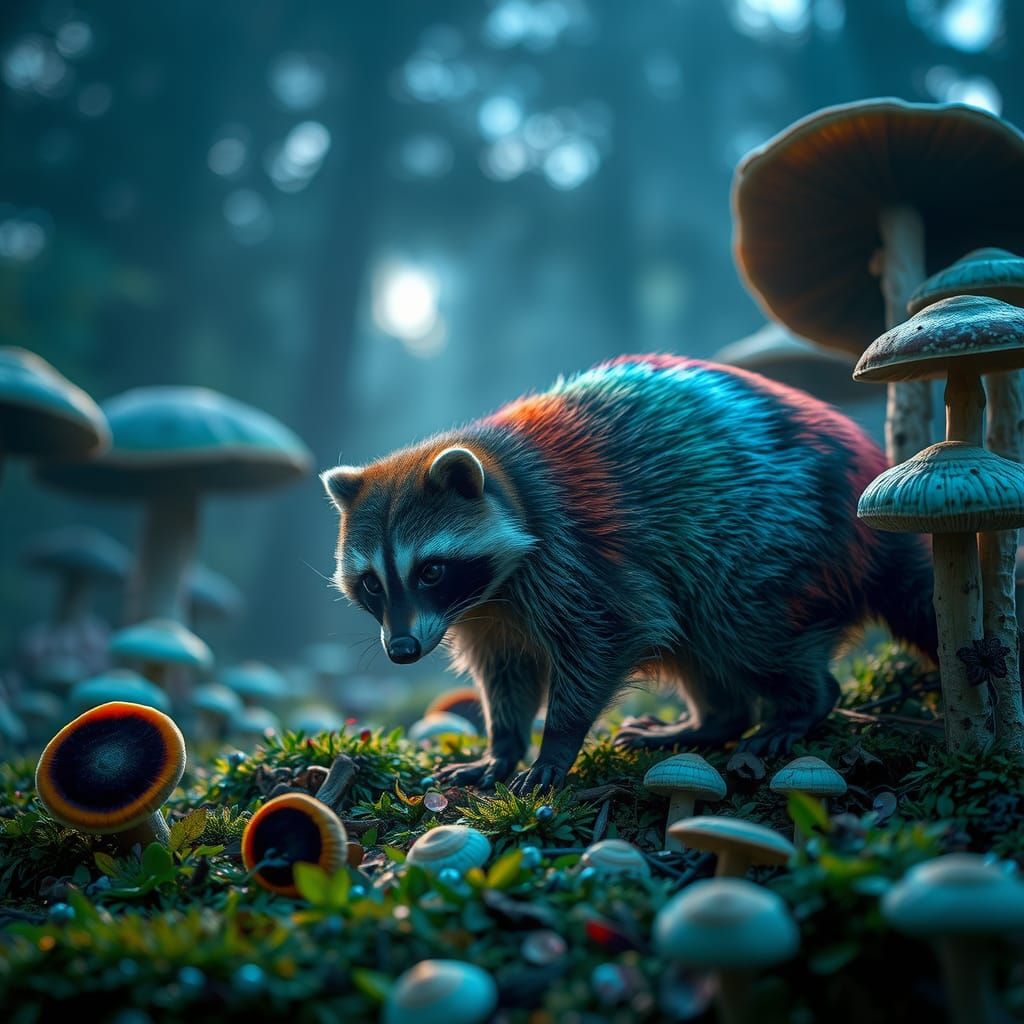 Tie-Dye Raccoon in a Mushroom Field at Dusk