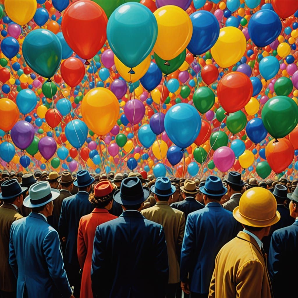 Balloon Headed Figures in Surrealist Dreamscape