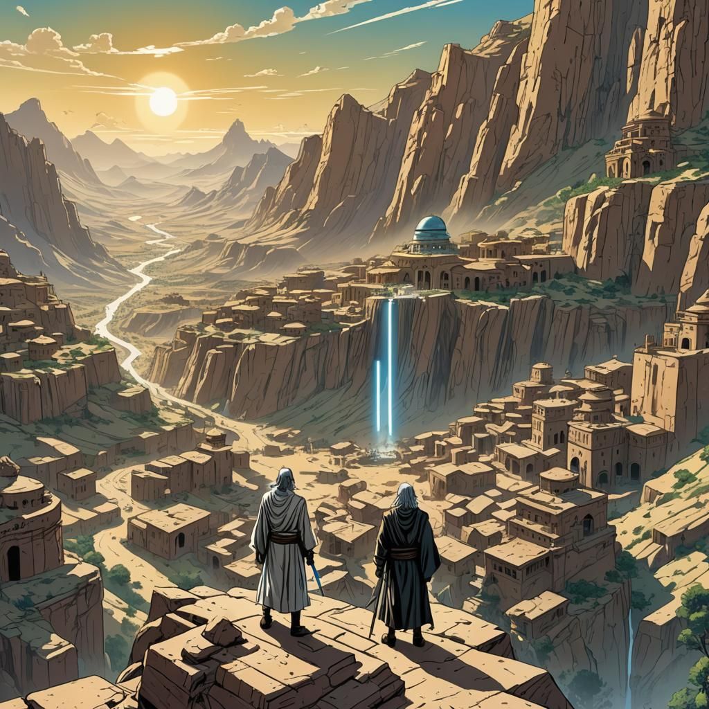 Old Jedi in Desert City: Anime Cel-Shaded Art