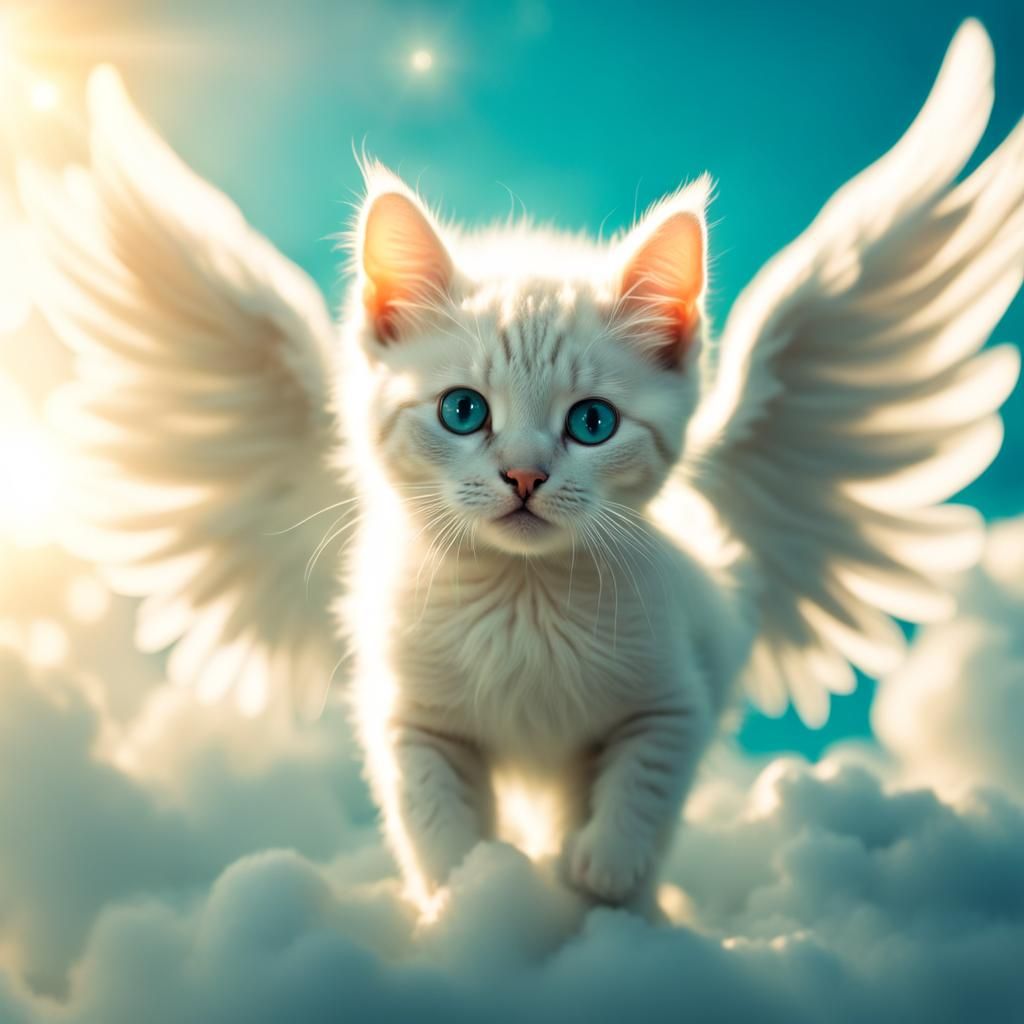Teal Kitten with Angel Wings Ascending to Heaven