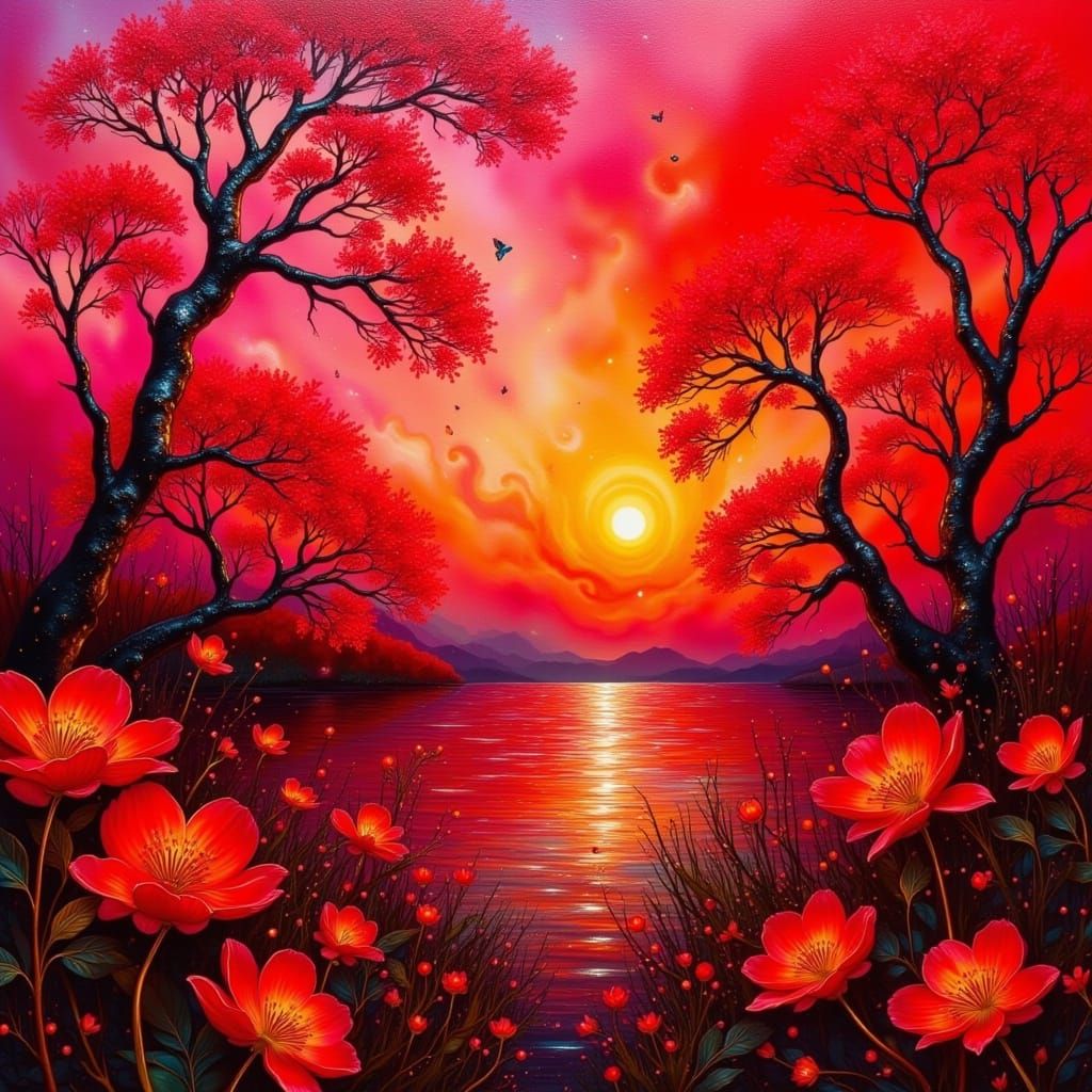 Cyberpunk Fae Goddess with Vibrant Crimson Aura