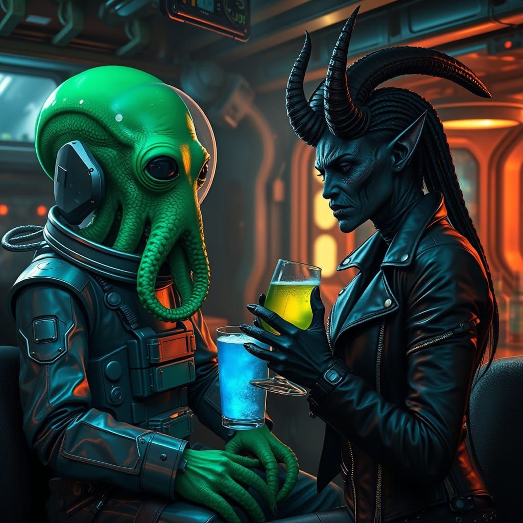 Green Alien Octopus drinks with Female Demon