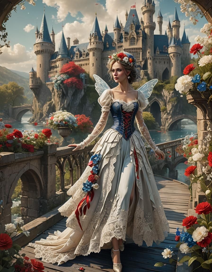 Grunge Fairy on Floral Bridge in Patriotic Colors