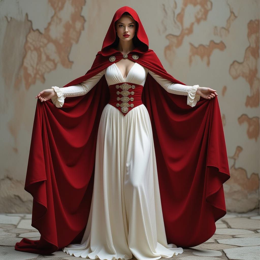 Woman in Red Dress with Cape, Pre-Raphaelite Style