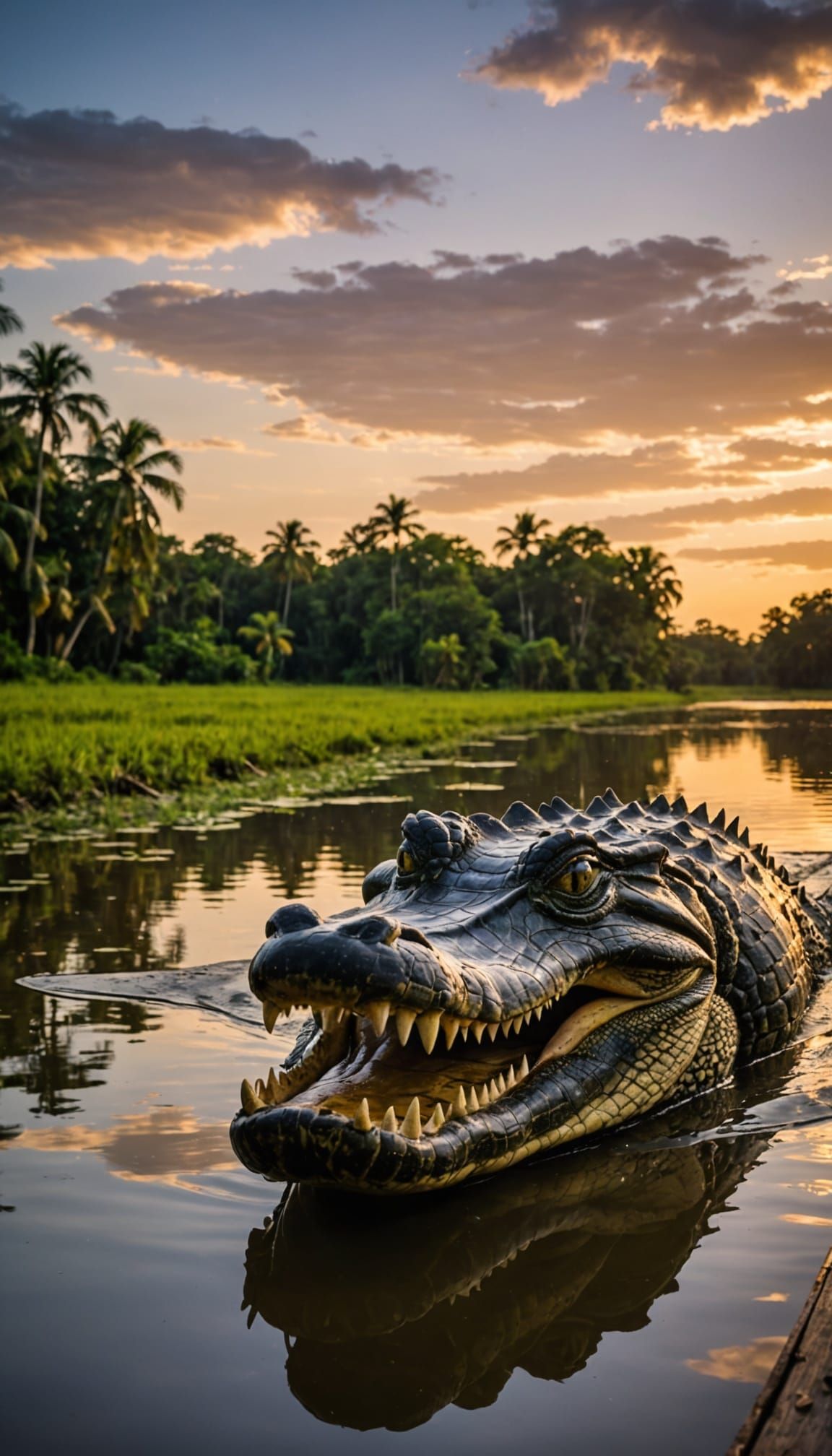 Alligator Attacks Boat on Amazon River at Dusk