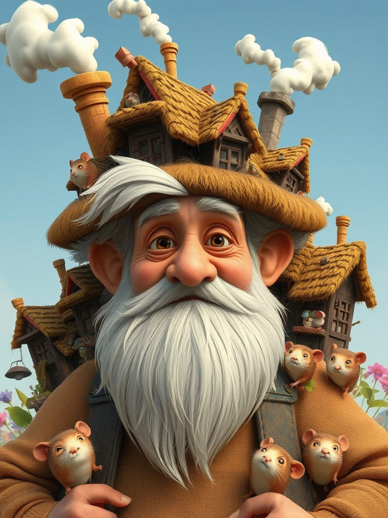 Whimsical Old Man with Village Hat, Cartoon Style